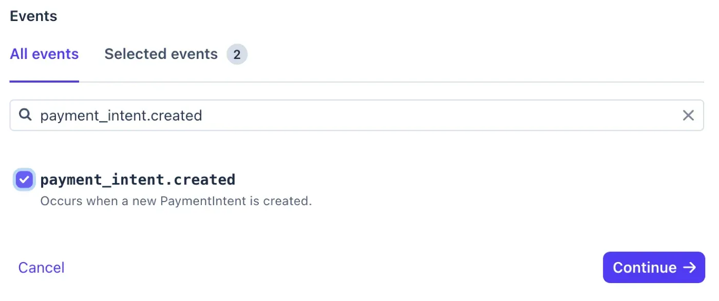 The Stripe event picker with payment_intent.created ticked