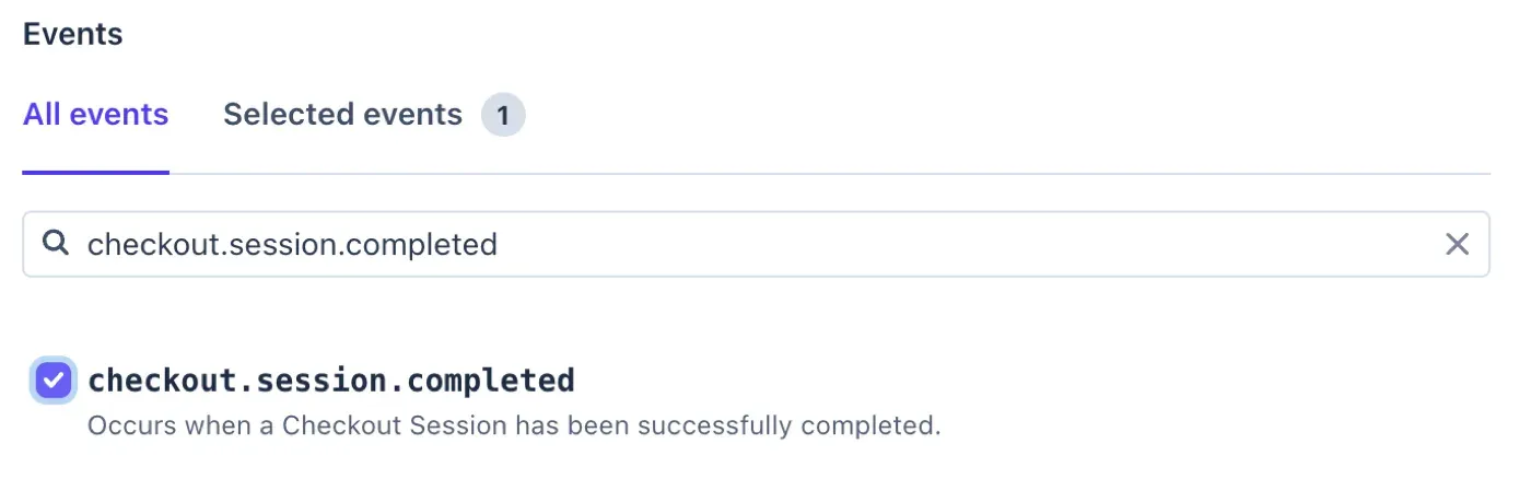 The Stripe event picker with checkout.session.completed ticked