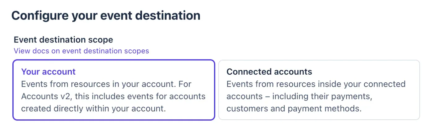 The Stripe event destination scope, with Your account selected