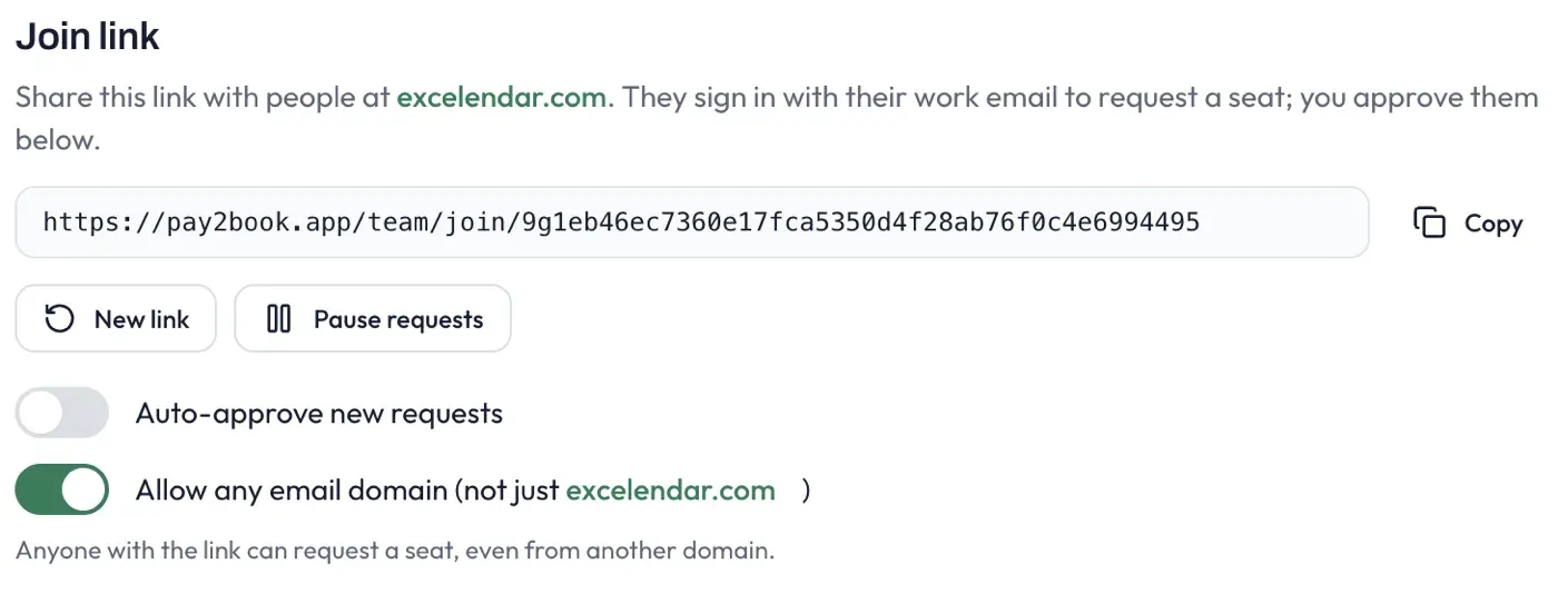 The join link card, with the shareable link, New link and Pause requests buttons, and toggles for auto-approve and allowing any email domain