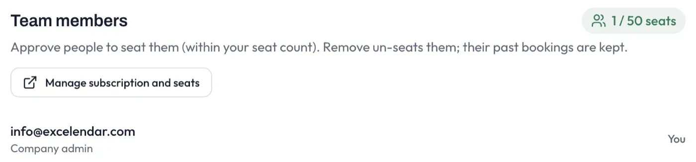 The team members list, showing the seat count, a Manage subscription and seats button, and the company admin