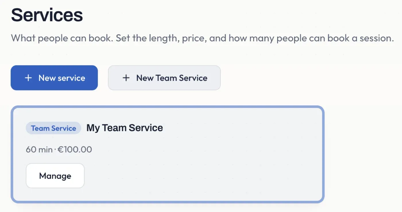 The Services list with a New Team Service button and a managed team-service card