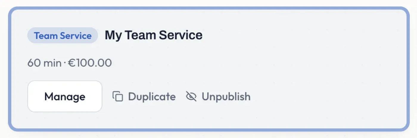 The Duplicate action on a managed Team Service card