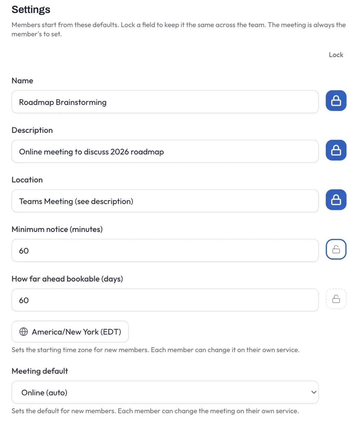 The Team Service editor’s Settings panel: name, description, location, minimum notice and booking horizon with per-field lock toggles, and the member-owned time zone and meeting defaults at the bottom