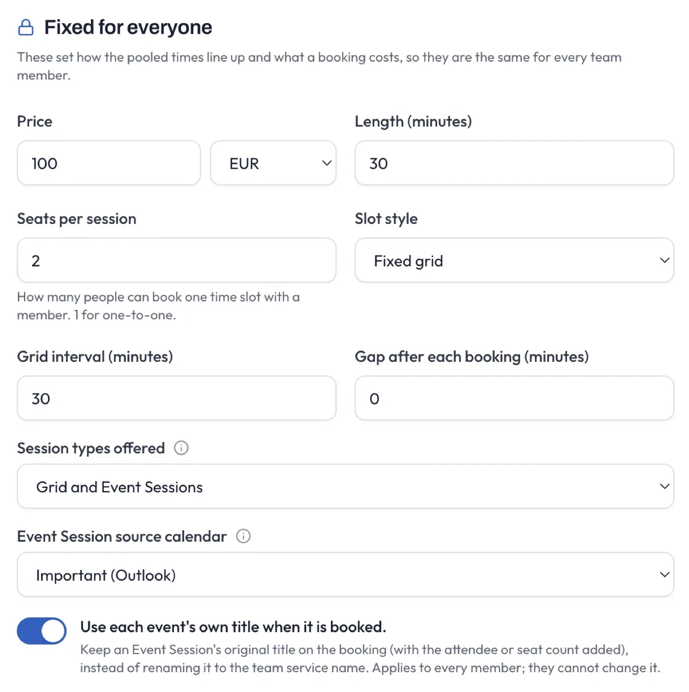 The Team Service editor’s fixed-for-everyone fields: price, length, seats, slot style and session types