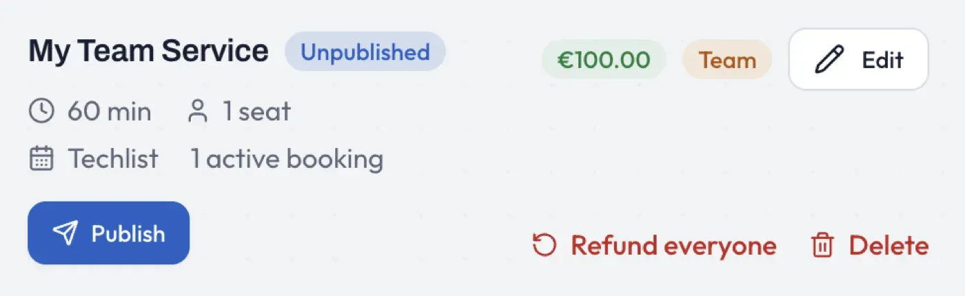 The managed Team Service card with its Publish and Unpublish control