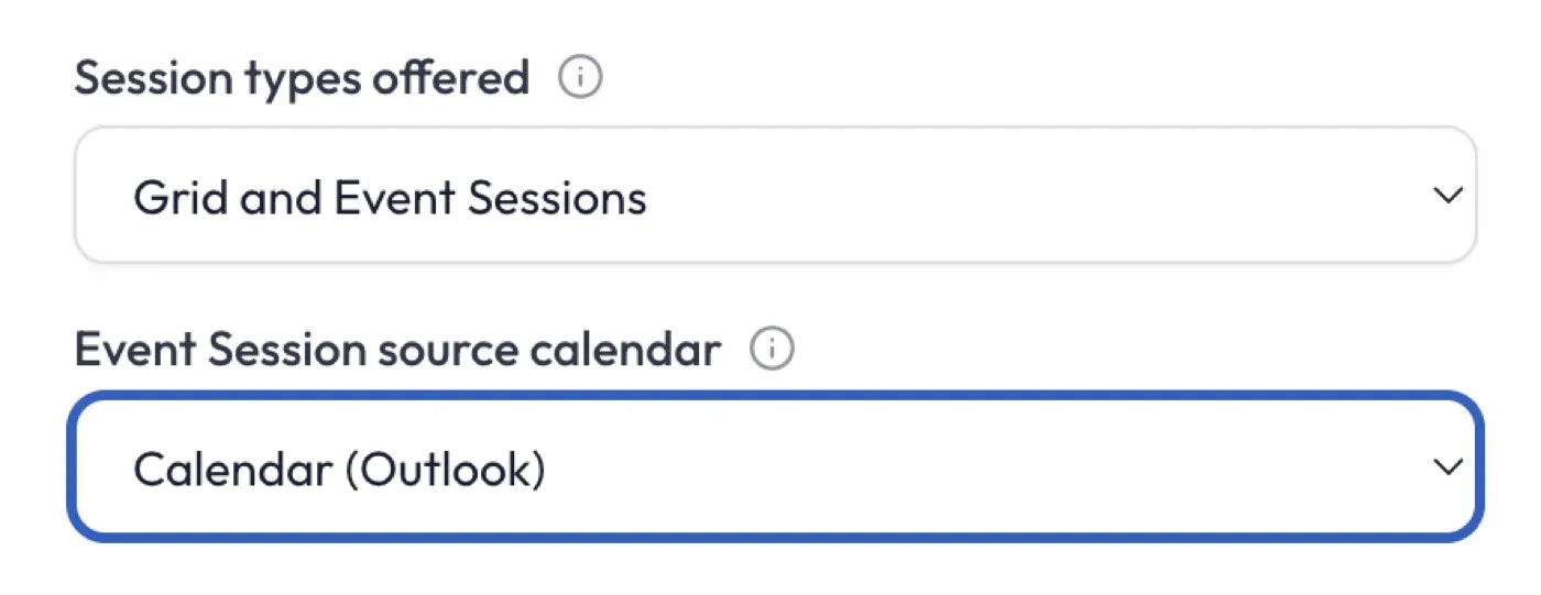 Session types offered, set to Grid and Event Sessions, with the Event Session source calendar below
