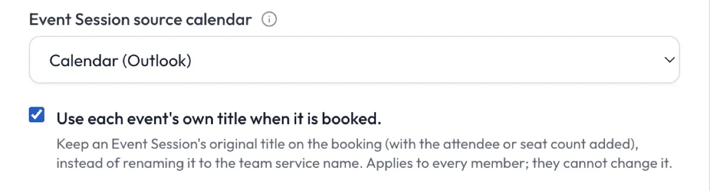 The “Use each event’s own title when it is booked” switch on the Team Service editor, on by default