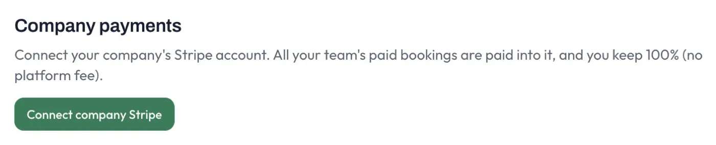 The company payments card, with a button to connect the company Stripe account