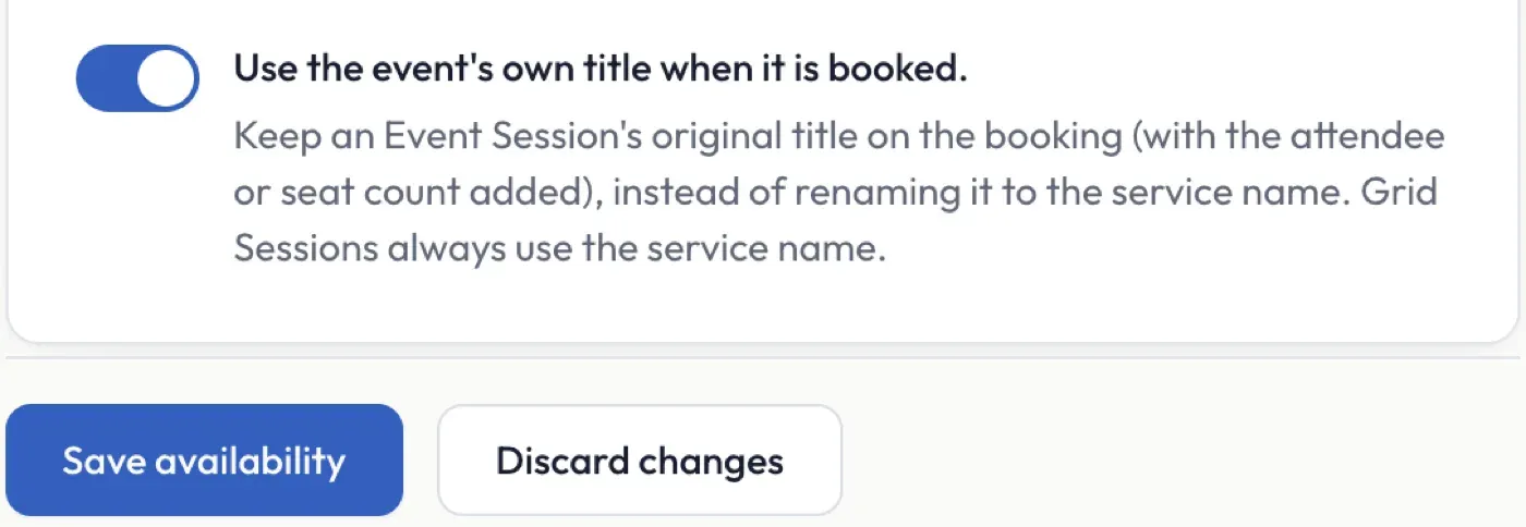 The “Use the event’s own title when it is booked” switch, shown on by default