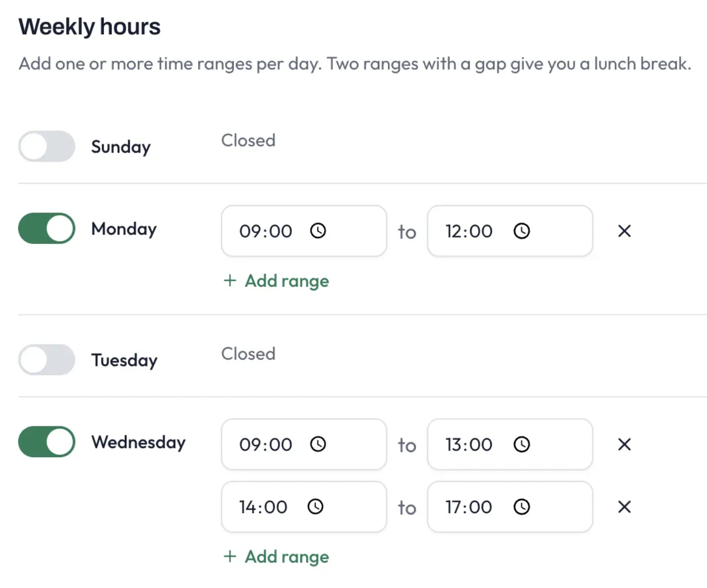 The weekly hours editor, with each day toggled open or closed and time ranges